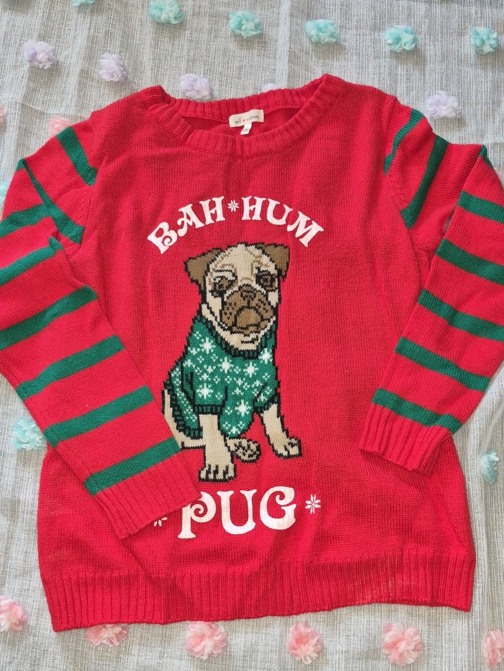 Self Esteem Red & Green 'Bah Hum Pug' Holiday Sweater